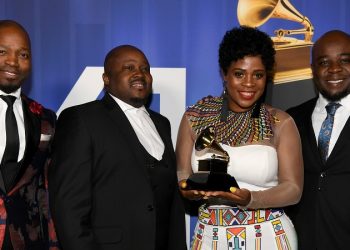 LOS ANGELES, CA - FEBRUARY 10: Soweto Gospel Choir pose with their award at the 61st Annual GRAMMY Awards Premiere Ceremony at Microsoft Theater on February 10, 2019 in Los Angeles, California.   Emma McIntyre/Getty Images for The Recording Academy/AFP