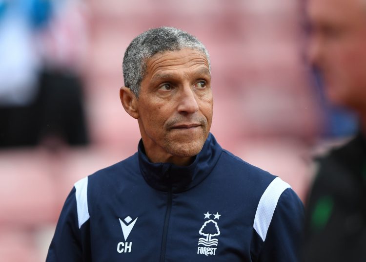 Nottingham Forest manager, Chris Hughton during the Sky Bet Championship match between Stoke City and Nottingham Forest at the Bet365 Stadium, Stoke-on-Trent on Saturday 21st August 2021.  (Photo by Jon Hobley/MI News/NurPhoto via Getty Images)